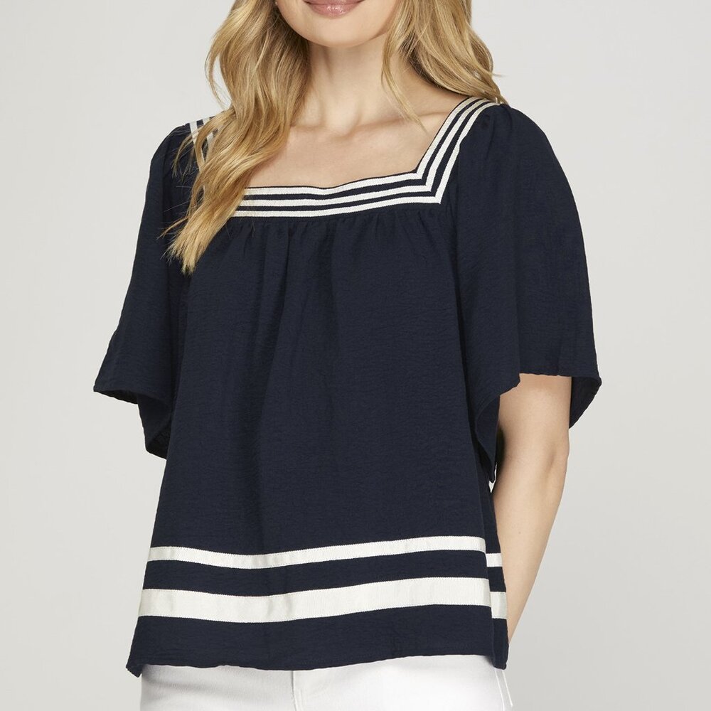 SHE + SKY NAVY & WHITE DOLMAN TOP